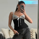 Tineit V-neck Lace Suspender Top 2024 Summer Sexy Stitching Contrasting Color Vest Top Women's Hot Girl Fashion T-shirt Pullover