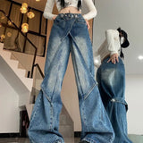 Tineit American New Retro Heavy Industry Makes Old Washed Jeans Y2K Street Deconstruction Pieces Variable Flared Wide-leg Pants Loose