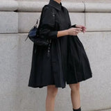 Tineit Japan Style Pleated Vestidos Mujer Loose A-line Vestido Shirt Dress Long Sleeve Split Ropa Mujer 2025 Spring Dresses Women