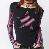 Tineit Gothic Mall Goth Tees y2k Star Patched Striped Long Sleeve T-shirt Harajuku Grunge O Neck Slim Fit Crop Tops Streetwear