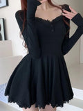 Tineit Mini Dresses Women Elegant Square Collar Lace Patchwork A-line Dress Hotsweet Long Sleeve Party Short Dresses Ball Gown Vestidos