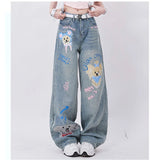 Tineit Blue Jeans Women Graffiti High Waist American Wide Leg Pants Y2K Style Fashion Streetwear Female Pants Winter Straight Trousers