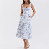 Tineit Blue Floral Layered Midi A-Line Dress