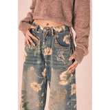 Tineit Vintage Floral Print High Waist High Street Blue Straight Jeans Pants Korean Fashion Women's Wide Leg Baggy Y2K Denim Trouser