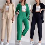 Tineit Pant Sets Women Green Two Pieces Set Long Sleeve Lapel Button Shirt Loose Wide Leg Trouser Outfits Work Sporty Suits Y2k