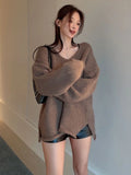 Tineit Brown V-neck Sweaters Autumn Retro Knitted Jumper Tops Y2K Harajuku Casual Women Basic Loose Pullover Korean Style 2024