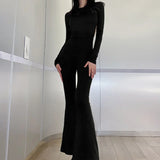 Tineit 90s Vintage Rompers Overall Female Sexy Backless Skinny Jumpsuits Chic Women Long Sleeve Flare Pants Y2K Aesthetic Streetwear