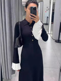 Black Friday Tineit Flare Sleeve Splice Knitted Long Dress For Women Casual High Waist Button Lapel Sweater Dress Elegant Autumn Party Dress