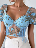 Tineit Crop Top Women Summer Vintage Puff Sleeve Corset Ladies Backless Butterfly Embroidery Blouse Female Sexy Mesh Patchwork Blusas