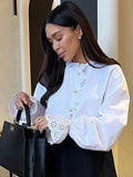 Black Friday Tineit Retro Diamond Ruffled Shirt For Women Stand Color White Top Casual Fashion Flare Long Sleeve Single Breasted Lady Blouses