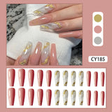 Tineit-24PCS/SET Long Coffin Ballerina French Line Art Glitter Fake Nails Fashion Tender Manicure Reusable Nail Art Nail Accessories