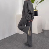 Tineit Pant Sets Solid Sweatshirts Cardigan Zipper Matching Sets Two Pieces Full Length Wide Leg Pants Spliced Casual Sports Loose