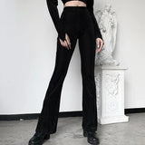 Tineit Women's Gothic Design Summer Pants 2024 Dark Style See Through Highlights Flocked Flared Pants