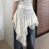 Tineit Holiday Solid Color Lace Ruffled Skirt For Women Sexy Low Waist Irregular Mini Skirt Splice Hot Girl Clubs Party Skirt