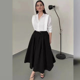 Tineit Two Piece Skirt Set Women Shirts Turndown Collar Blouses Long Skirts Solid Colour Suit Temperament Sets Office Lady Outfits