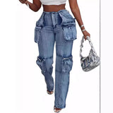 Tineit Vintage Washed Distressed Women Jeans Ankle Length Spliced Cargo Pants Denim Pockets High Waist Streetwear Loose Fit 2024