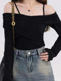 Tineit Sexy Off Shoulder T Shirt Women Spring Long Sleeve Backless Tops Ladies Korean Fashion Ulzzang Hotsweet Slim Y2k Aesthetic Tees