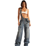 Tineit Jumpsuits Women Jeans Overalls Sexy Backless Vintage Full Length Denim Straight Pants Loose Pockets Distressed Washed Casual