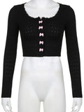 Tineit Y2K Tops Women Spring Long Sleeve Knitted T Shirt Spice Girl Korean Style Skinny Crop Top Japanese Kawaii Sweet Lolita Camisetas