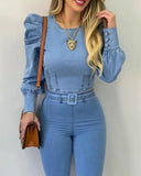 Tineit Denim Blue Women blouse Round Neck Puff Sleeve Corset Top Long Sleeve Shirt Sexy Tops Blouses Denim Top Shirt Sweetheart Slim