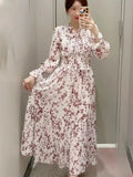 Tineit  Lace-up Print Vestidos Japan Sweet Women 2025 Vestido V-neck Puff Long Sleeve Dresses High Waist A-line Dress Autumn Clothing