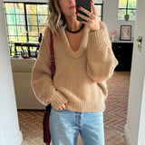 Black Friday Tineit Fashion Casual Round Knit Sweater For Women Solid Color Loose Autumn 2024 New Pullovers Long Sleeve Female Knitted Top