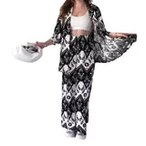 Tineit Women Two Piece Sets Print Pant Set Cardigan V Neck Half Sleeve Shirt Tops Loose Casual Long Wide Leg Pants Summer 2024