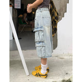 Tineit Women Short Jeans Blue American Vintage Y2K Straight Streetwear Wide Leg Pants High Waist Female Summer Knee Length Denim Shorts