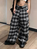 Tineit Y2k Streetwear Oversize Plaid Pants Aesthetical Elastic Waist Pockets Straight Loose Cargo Trousers Casual Chic Women