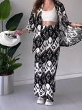 Tineit Women Two Piece Sets Print Pant Set Cardigan V Neck Half Sleeve Shirt Tops Loose Casual Long Wide Leg Pants Summer 2024