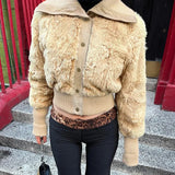 Black Friday Tineit Ribbed-Breasted Furry Lapel Short Jacket Coat For Women Cardigan Top Patchwork Slim Warm Outwear Female Autumn Fashion