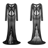 Tineit Beach Vacation Sexy Mesh Sheer Women Dress Ruffles Lace Ruched Bodycon Maxi Dress Elegant Hollow V-Neck Splits Long Sleeve Dress