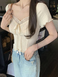 Tineit Sweet Lace Chiffon Shirts Women Summer Short Sleeve Kawaii Blouse Ladies Korean Fashion Pure Color Crop Top Tie Up Bodycon Tees