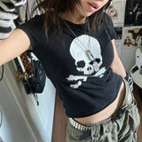 Tineit Skeleton Print Black Crop Top 90s Vintage Harajuku Grunge Summer T-shirt Dark Academia Emo Alt Tees Women Streetwear