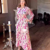 Tineit-Women Dresses Long Sleeve Spliced Ankle Length Print Dress V Neck Vestidos Sexy Loose Fit Pullover Diamonds 2024 Casual