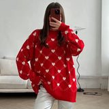 Tineit Heart Printed Knitted Sweater For Women Mid Length Knitted O-Neck Pullover Sweater Loose Long Sleeve Autumn Winter New