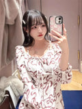 Tineit Lace-Up Bow Print Vestidos Slash Neck Off Shoulder Dress Long Sleeve Dresses Japanese Vestido 2025 Spring New Ropa Mujer