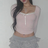 Tineit Y2K Lace Trim Bowknot T-shirt 00s Retro Sweet Girl Pink Crop Tops Square Collar Long Sleeve Ribbed Tees Fairycore Kawaii Women