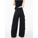 Tineit Black Cargo Pants High Waisted Women's Pants Vintage Straight Oversized Y2K Style Fashion 2023 Winter Wide Leg Trouser