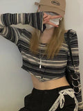 Tineit Summer Y2k Halter Crop Top Women Long Sleeve Black White Striped T-shirt Female Irregular Cardigan Reversible Lace Up Slim Tees