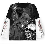 Tineit Japanese Emo 2000s Retro Graphic Tops Dark Academia Skulls Print T-shirt Patchwork Long Sleeve Baggy Tees Gothic Clothes