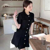 Tineit Small Fragrance Tweed Vestidos Mujer Multi Pockets Dress Korean Vestido Elegant 2025 Woman Dresses Summer Short Sleeve Robes