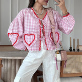 Tineit Vintage Y2K Loose Fit Tees Y2K Holiday 00s Kawaii Heart Patched Frill T-shirt Plaid Print Bow Tie-Up Long Sleeve Blouse Shirts