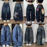 Tineit Y2K Baggy Jeans Streetwear Womens Hip Hop Skull Graphic Jeans Black Pants New Harajuku Gothic High Waisted Wide Leg Trousers