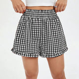 Tineit Women's Kawaii Plaid Shorts Casual Loose Fitting Elastic Wide Waist Shirred Ruffled Trim Wide Leg Lounge Briefs Bottom