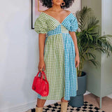 Tineit Retro Cottage Kawaii Puff Sleeve A-line Maxi Dress Vintage Plaid V Neck Long Dress Women French Style Y2K Holiday Streetwear