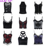 Tineit Goth Cross Print Lace Bodycon Crop Tops Camis Sexy Y2K Aesthetic Black Red Basic Corset Tank Top Summer Clothes for Women Girls