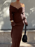 Black Friday Tineit Elegant Brown Knitted Long Dress For Women One-shoulder Ruched Sexy Sweater Dress Slim Plunge Club Party Dress Female