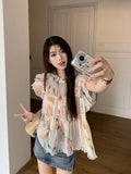 Tineit Elegant Floral Print Chiffon Beautiful Blouse Women Flying Sleeve Shirt Spring Summer Fairycore Pleated Tops Aesthetic