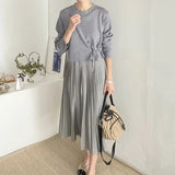 Tineit  Pleated Vestidos Mujer Strap Vestido Korean Chic Ropa Mujer Spring Dresses Women with O-neck Drawstring Pullover Sweater